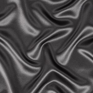 May include: A piece of dark charcoal gray fabric with a smooth, lustrous finish. The material is draped in soft, flowing folds that create deep shadows and bright highlights across the surface, emphasizing the reflective quality of the textile.