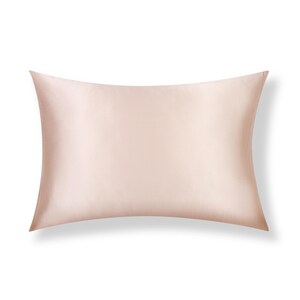 May include: A rectangular pillowcase in a solid, light blush pink color. The fabric has a smooth, lustrous, and reflective surface texture, indicating a satin or silk-like finish. The pillowcase is presented flat with clean, straight edges.