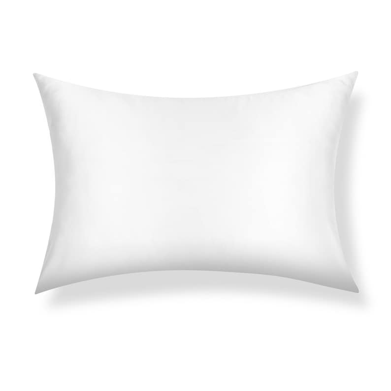 May include: A white pillow with a smooth, soft surface. The pillow is rectangular and has a slightly curved shape.