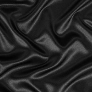 May include: A solid black fabric with a smooth, lustrous surface and a high-sheen finish. The material is draped in soft, flowing folds that create deep shadows and bright highlights across the texture, emphasizing the reflective quality of the cloth.