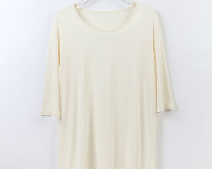 Women Knit Spun Silk T-shirt | 100% Silk | Whole T-shirt Sewn with Silk Thread | 105GSM | Natural White Color | Soft and Breathable