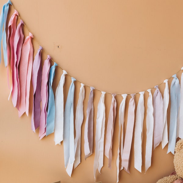 Silk Ribbon backdrop Hand dyed fabric garland Hand torn rag tie banner