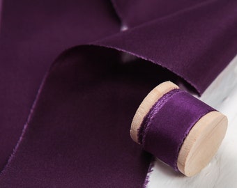 DEEP PURPLE silk ribbon hand dyed, Hand torn ribbon for plum wedding, Bouquet ribbon