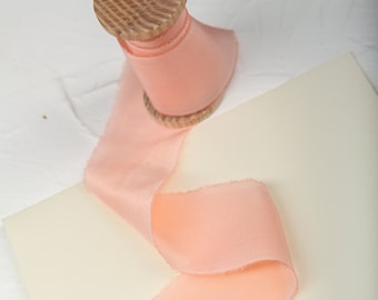 PALE PEACH silk ribbon Hand dyed Bouquet wedding ribbon Raw edge ribbon