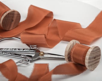 RUST ribbon hand dyed Silk ribbon for bridal bouquet Fall ribbon with raw edge