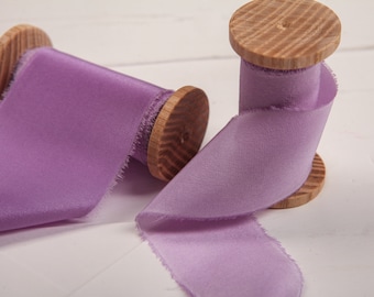 LILAC hand torn ribbon, Hand dyed silk ribbon, Bouquet ribbon with frayed edge