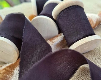 Black silk ribbon hand dyed, Hand torn ribbon, Raw silk ribbon on spool