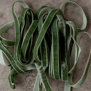 MOSS Velvet ribbon Hand Dyed 3/8&#39;&#39; 10mm Green Finished edge By the yard For crafting, decor, gift wrapping, DIY projects