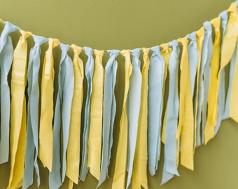 Blue Yellow ribbon garland Hand dyed cotton ribbon garland decor Fabric strip garland