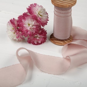ANTIQUE PINK silk ribbon for wedding invitations, Bridal bouquet ribbon on a wooden spool, Crepe de chine silk