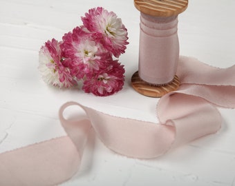 ANTIQUE PINK silk ribbon for wedding invitations, Bridal bouquet ribbon on a wooden spool, Crepe de chine silk
