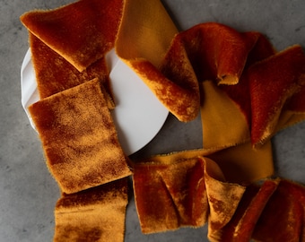 BURNT ORANGE velvet ribbon Hand dyed Bouquet ribbon Raw edge Wedding ribbon Frayed silk velvet ribbon Handmade