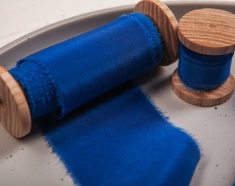 PRINCESS BLUE ribbon on spool, Silk dyed ribbon, Bouquet ribbon with raw edge