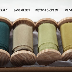Green silk ribbon, Hand dyed ribbon, Frayed edge ribbon