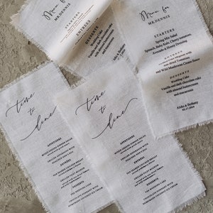 Menu ślubne z tkaniny Nowoczesne karty menu weselnego drukowane na bawełnie