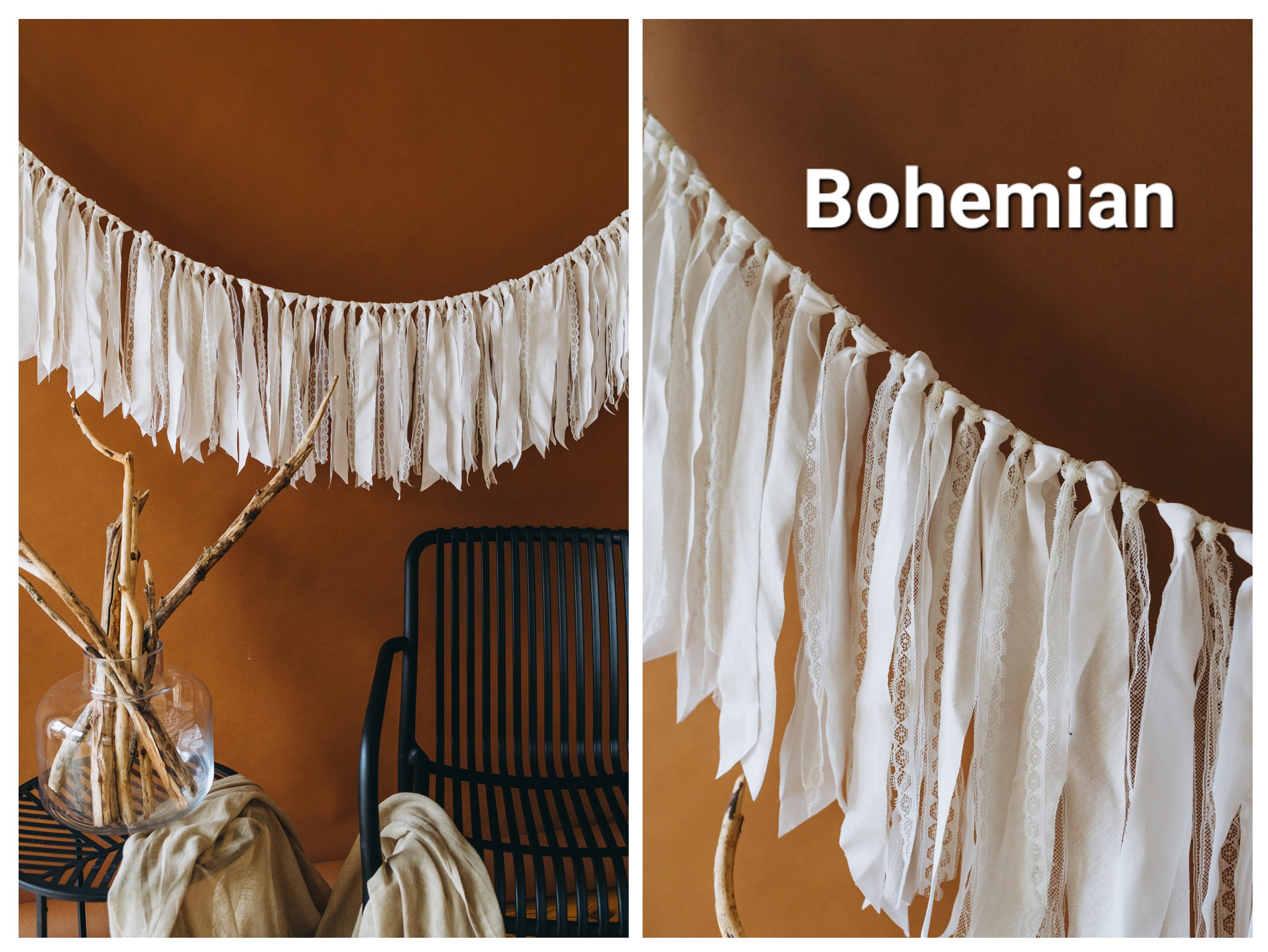 Boho ribbon garland Wedding lace fabric garland decor Cotton ribbon bunting banner
