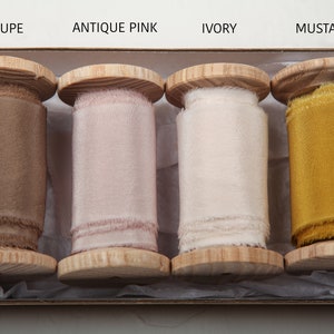 Silk ribbon hand dyed, Raw silk ribbon on spool, Wedding ribbon for flat lay styling