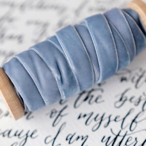 DUSTY BLUE Hand dyed Velvet ribbon 3/8&#39;&#39; 10mm Finished edge Thin by the yard For crafting, decor, gift wrapping, DIY projects