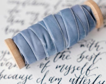 DUSTY BLUE Hand dyed Velvet ribbon 3/8'' 10mm Finished edge Thin by the yard For crafting, decor, gift wrapping, DIY projects