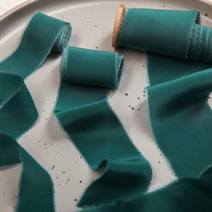 EMERALD hand dyed silk ribbon for wedding, Chiffon ribbon, Torn silk ribbon on spool