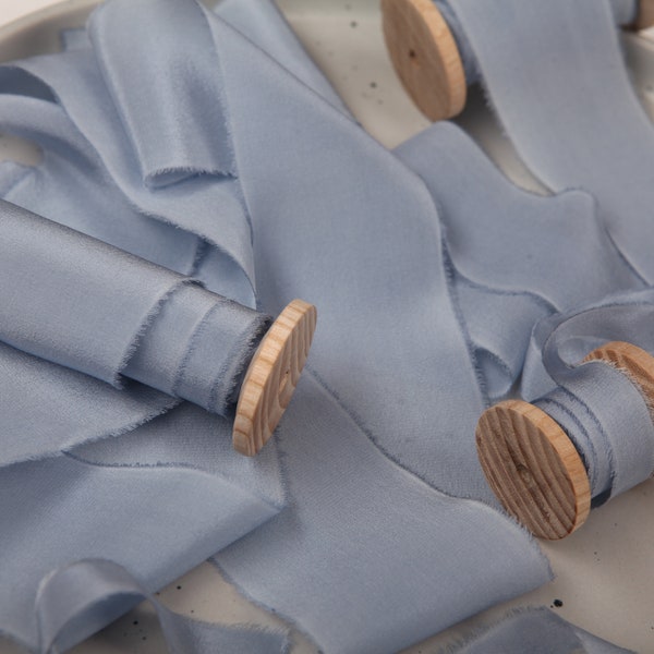 Dusty blue ribbon, Hand dyed silk ribbon, Bouquet ribbon with raw edge