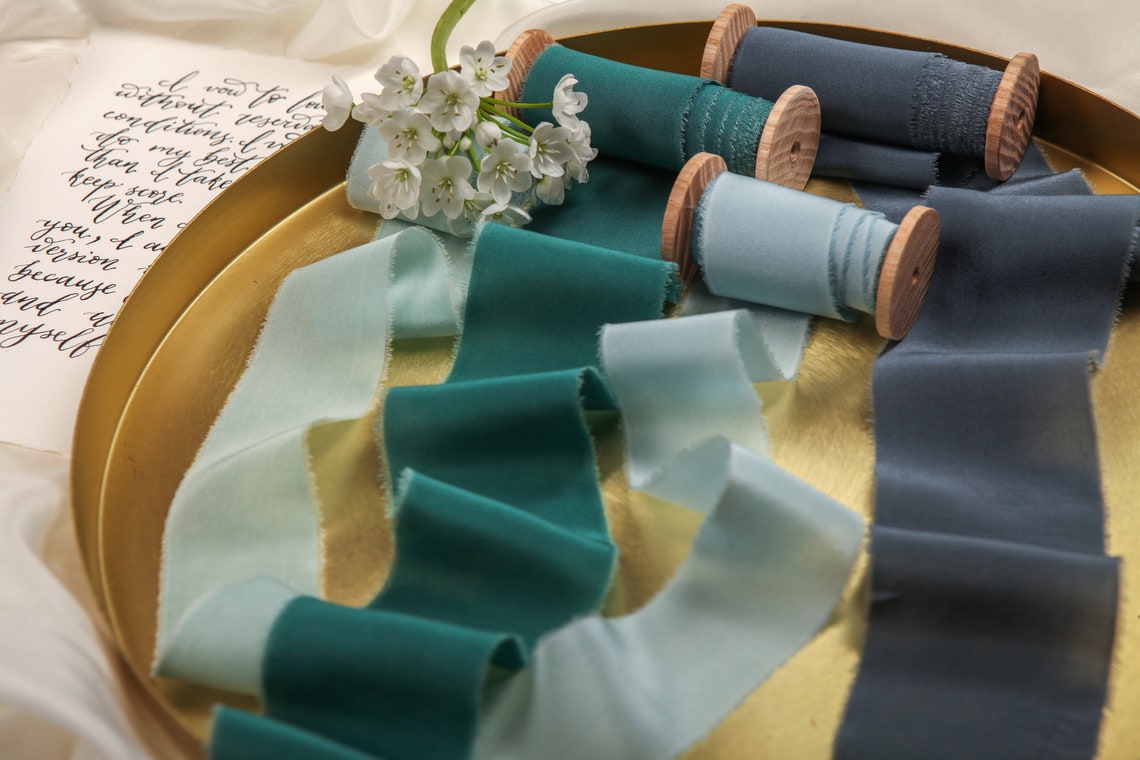 Green silk ribbon Hand dyed ribbon Frayed edge ribbon Etsy