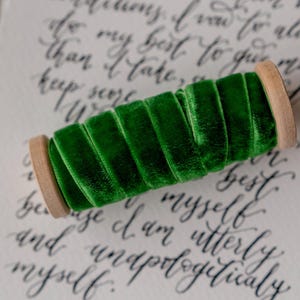 HUNTER Hand dyed Green Velvet ribbon 3/8&#39;&#39; 10mm Finished edge By the yard For crafting, decor, gift wrapping, DIY projects