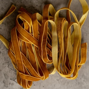 MUSTARD Handmade Velvet ribbon 3/8&#39;&#39; 10mm Hand dyed Yellow Finished edge By the yard For crafting, decor, gift wrapping, DIY projects