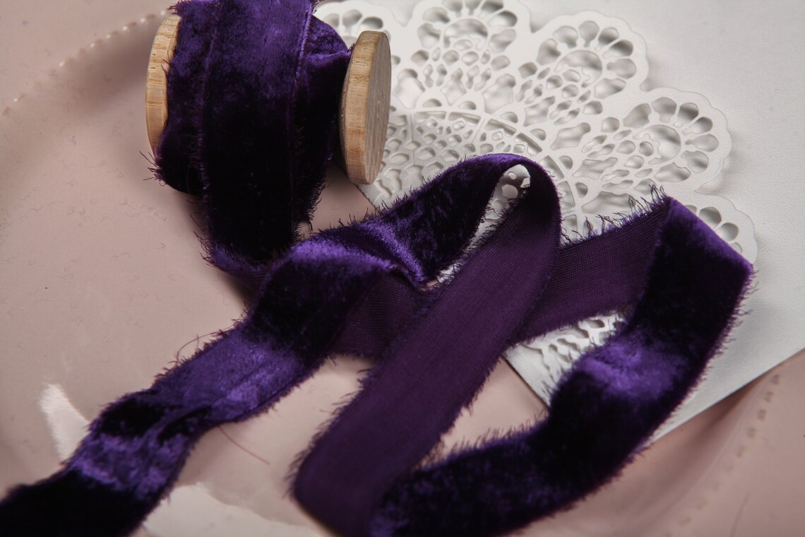Deep purple velvet ribbon Frayed edge ribbon Velvet silk | Etsy