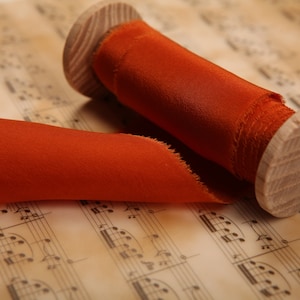 Handmade pure silk ribbon Luxury wedding ribbon Natural dyed frayed ribbon with raw edge Bouquet ribbon in TERRACOTTA color