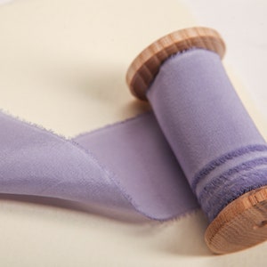 Lavender hand dyed silk ribbon, Bridal bouquet ribbon on a wooden spool, Frayed ribbon