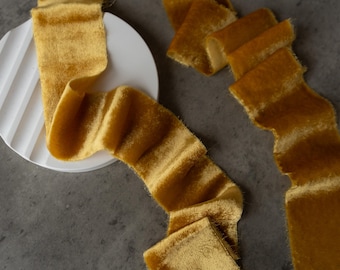 MUSTARD silk velvet ribbon Yellow Hand dyed Bouquet grey ribbon Raw edge Wedding ribbon Frayed fall velvet ribbon