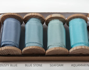 Dyed silk ribbon on spool Bouquet ribbon Pure silk ribbon Hand torn ribbon with frayed edge