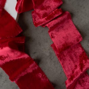 CRANBERRY velvet ribbon Hand dyed Bouquet ribbon Raw edge Wedding ribbon Frayed silk velvet ribbon