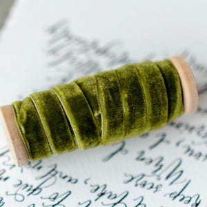 OLIVE Hand dyed Green Velvet ribbon 3/8&#39;&#39; 10mm Finished edge By the yard For crafting, decor, gift wrapping, DIY projects
