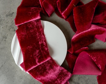 MERLOT velvet ribbon Hand dyed Bouquet ribbon Raw edge Wedding ribbon Frayed silk velvet Christmas ribbon