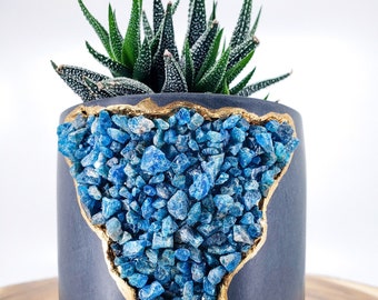 Maceta de geoda de apatita azul de 10 cm para suculentas de arcilla volcánica