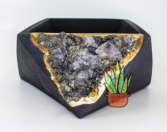 Authentic Quartz Pyrite Geode Planter, Geometric Volcanic Clay Pot, Kiln Fired Ceramic