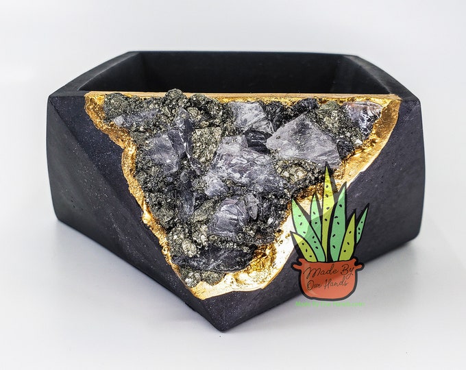 Authentic Quartz Pyrite Geode Planter, Geometric Volcanic Clay Pot, Kiln Fired Ceramic