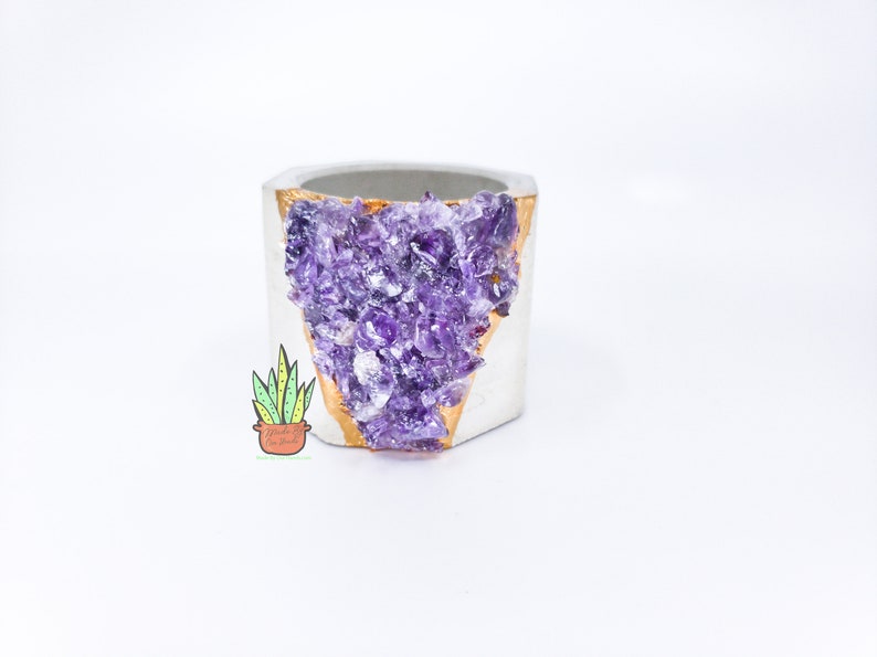 May include: A hexagonal concrete planter with a gold rim and a large amethyst crystal embedded in the side. The planter is a light gray color and the amethyst crystal is a deep purple.