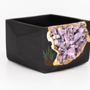 May include: Black square planter with a gold and purple crystal design. The planter has a small green cactus illustration on the side.