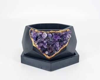 Maceta de geoda de amatista: maceta de arcilla volcánica cocida en horno, decoración zen para oficina