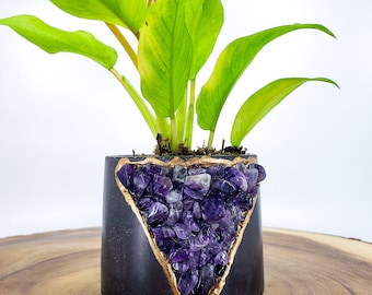 Authentic Amethyst Geode Planter, Kiln-Fired Volcanic Clay Pot, Zen Office Decor