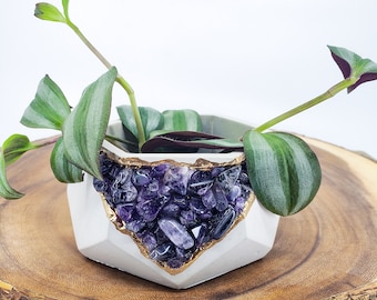 Authentic Amethyst Geode Planter: Kiln-Fired Volcanic Clay, Bone White Badge Pot