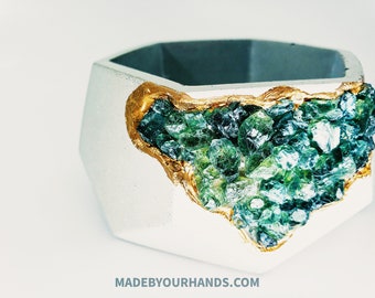 Green Apatite Geode Planter, Bone White Volcanic Clay Pot, Zen Office Decor