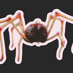 May include: A sticker featuring a stylized spider with a dark red body and long, segmented legs. The legs are a light tan color with red accents at the joints. The spider is outlined with a pink border against a black background.