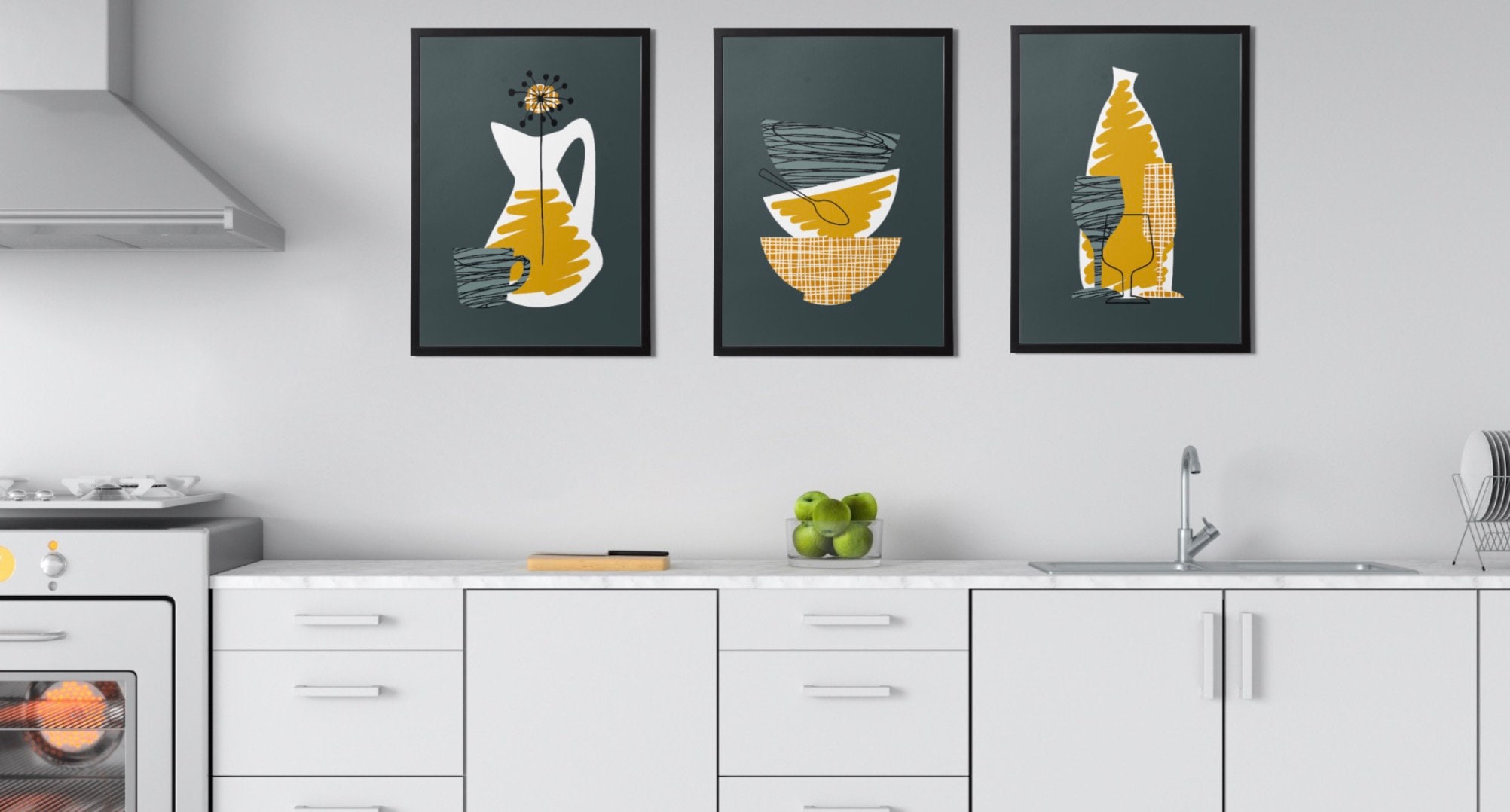 KITCHEN DINING ART Set of 3 Prints Mustard Yellow/ Ochre & Grey 1950's Inspired Downloadable