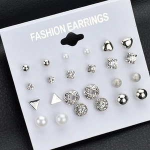 Set of 12 pair stud earrings •color of gold and silver •sets studs earring • triangle circle pearl geometric heart gemstone shape cz earring