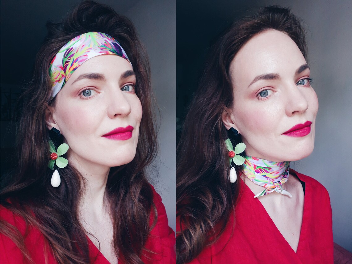 Skinny hair scarf. Thin head scarf with floral pattern. Vivid Etsy