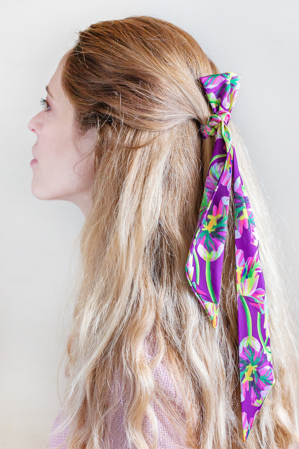Skinny hair scarf. Thin head scarf with floral pattern. Vivid Etsy